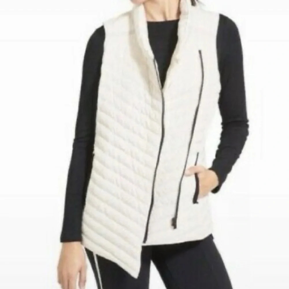 Athleta So Down Asymmetrical Front Zip Puffer Vest Down Feather in Ivory Size S
